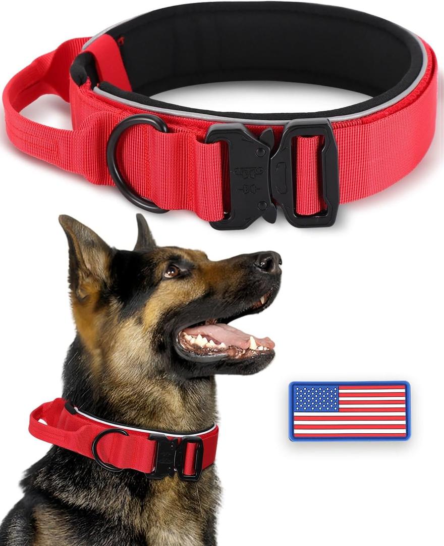 Thick Wide Reflective Heavy Duty Red Dog Collar for Medium Large Strong Dogs, Durable Dog Collar with Quick Release Metal Buckle and Soft Padded, Adjustable Nylon Dog Collar for Night Walking (L: Width 1.7", Length 16.5"-20")