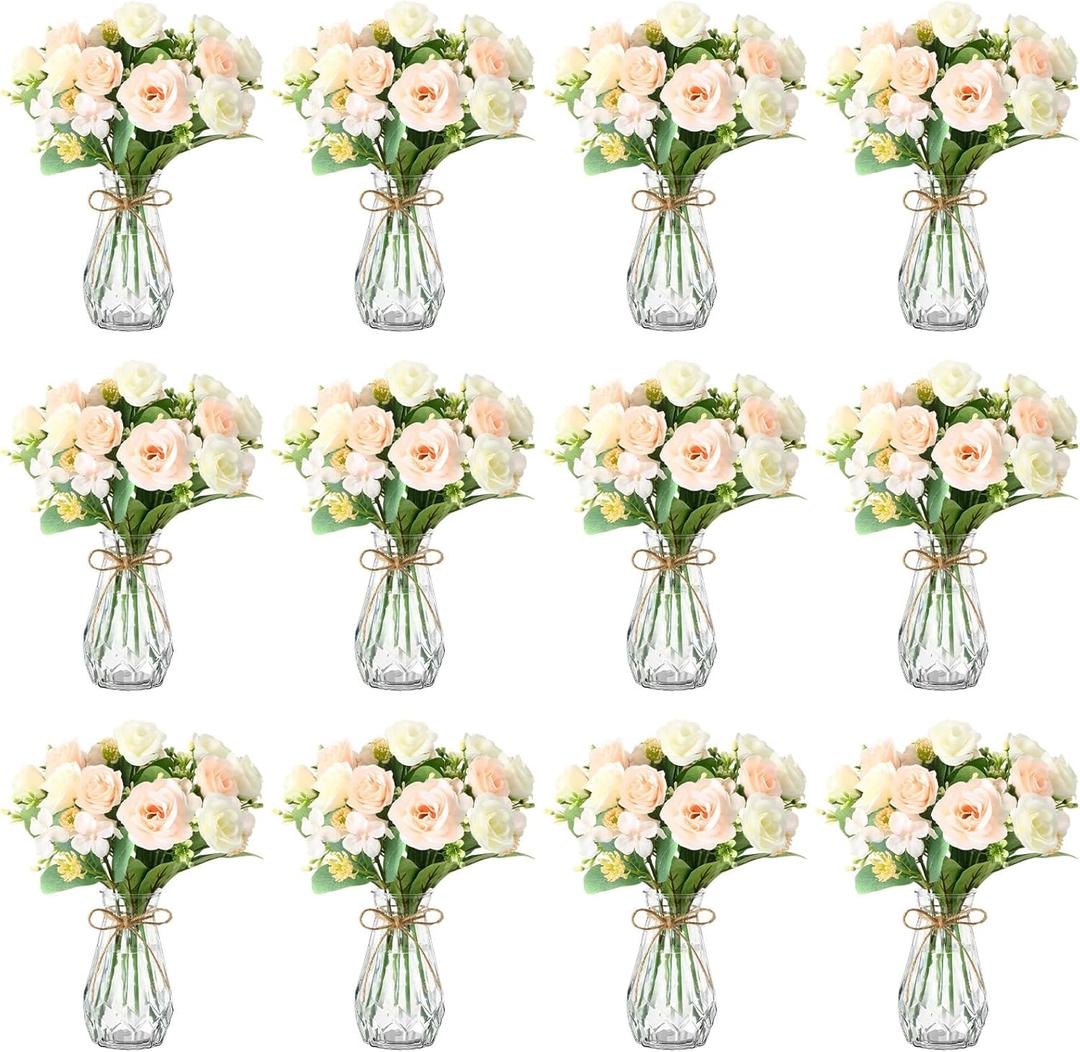 Janinka 37 Pack Fake Flowers with Vase 24 Bundles Artificial Hydrangea Bouquets 12 Clear Vase for Home Office Farmhouse Centerpiece Table Decor (Champagne)