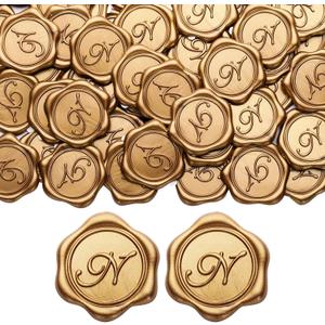 Yoption Initial N Wax Seal Stickers, 100 Pack Antique Gold Letter Self Adhesive Envelope Sealing Stickers for Wedding Party Birthday Christmas (N)