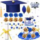 Jingmore Graduation Cake Kit: Felt Cap, Diploma, Congrats Topper, Beads Leaf Flowers (Blue & Gold, 33 Count)