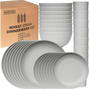 Wheat Straw Dinnerware Sets | Unbreakable Dinnerware Sets | Dishwasher Microwave Safe Dinnerware | Eco Friendly Non Breakable Dinnerware Sets | RV Outdoor Camping (Grey, Service for 8 (32 pcs)) (Gray)