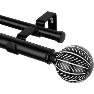 KAMANINA 1 Inch Wood Double Curtain Rods for Windows 66 to 120 Inches (5.5-10 Feet), Heavy Duty Decorative Curtain Rods, Wooden Drapery Rods with Leaf Pattern Finials, Black