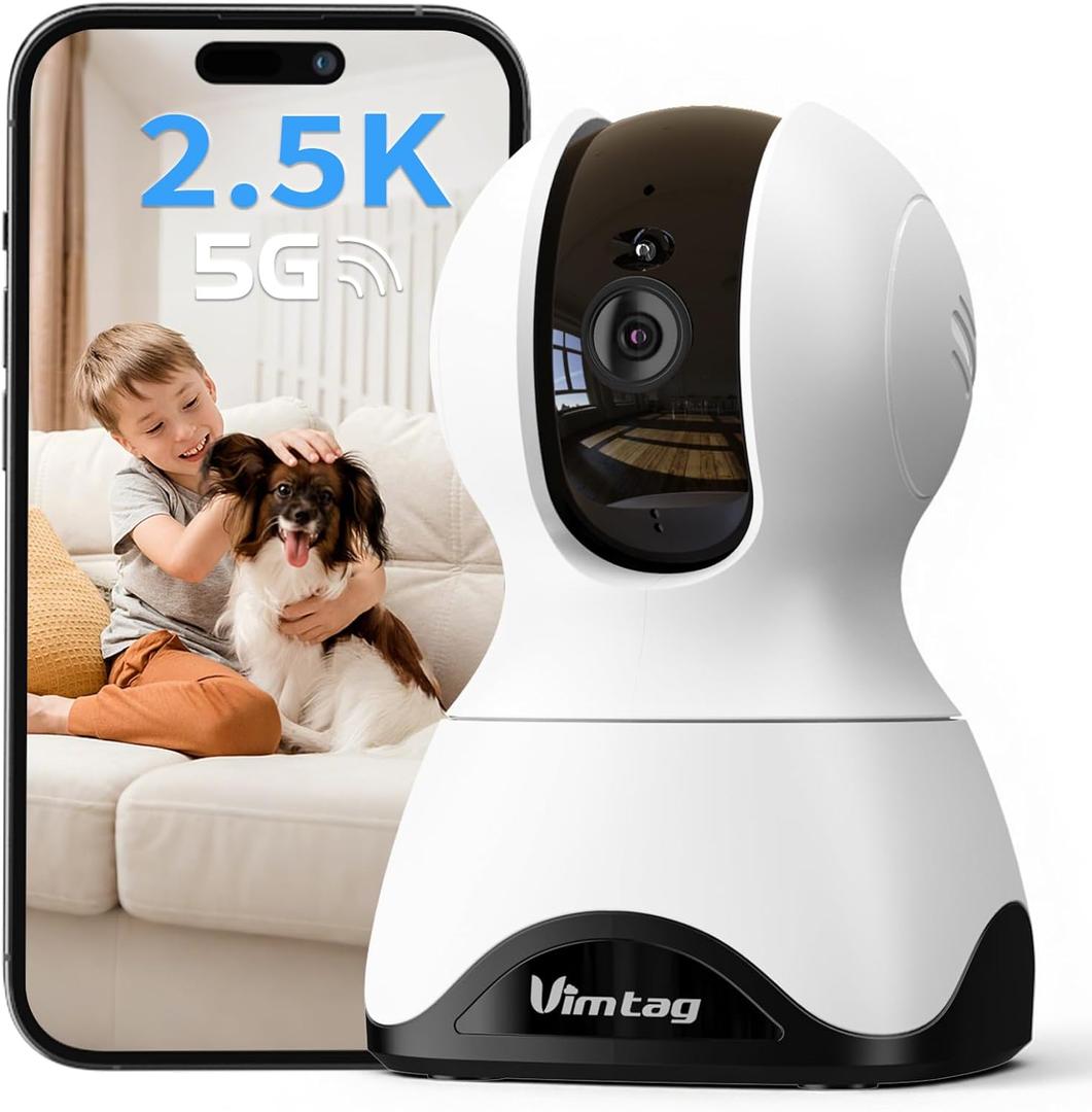 VIMTAG Indoor Pet Camera, 2.5K Dog Camera with Phone App, 360 Pan/Tilt Security Cameras for Home/Nanny/Baby/Cat/Room, Night Vision, Motion Tracking, 5G/2.4G WiFi, 2-Way Audio, Cloud & SD Card Storage