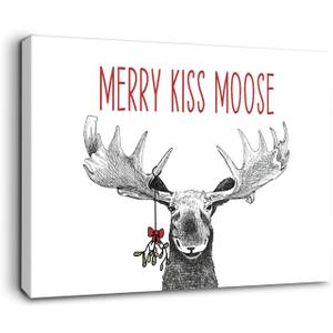 Ryeolo Funny Christmas Moose Wall Art Framed, Moose Christmas Decorations, Farmhouse Holiday Xmas Elk Deer Canvas Wall Art Prints for Home Bedroom Living Room Office Decor, 12x16 Inches