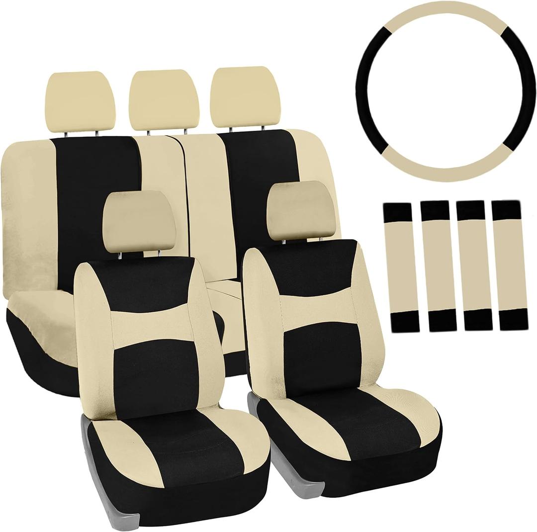 Automotive Seat Covers Beige Black Universal Fit Seat Cover Combo Set with Steering Wheel Cover and Seat Belt Pad (Airbag Compatible and Split Bench), Beige/Black