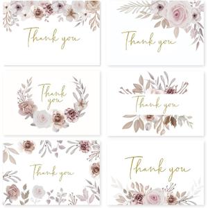 48 Pack Pre-Folded Floral Thank You Cards with Envelopes & Stickers, 6 Elegant Designs for Wedding, Baby Shower, Bridal Shower, Teacher Gifts (Pink Floral)