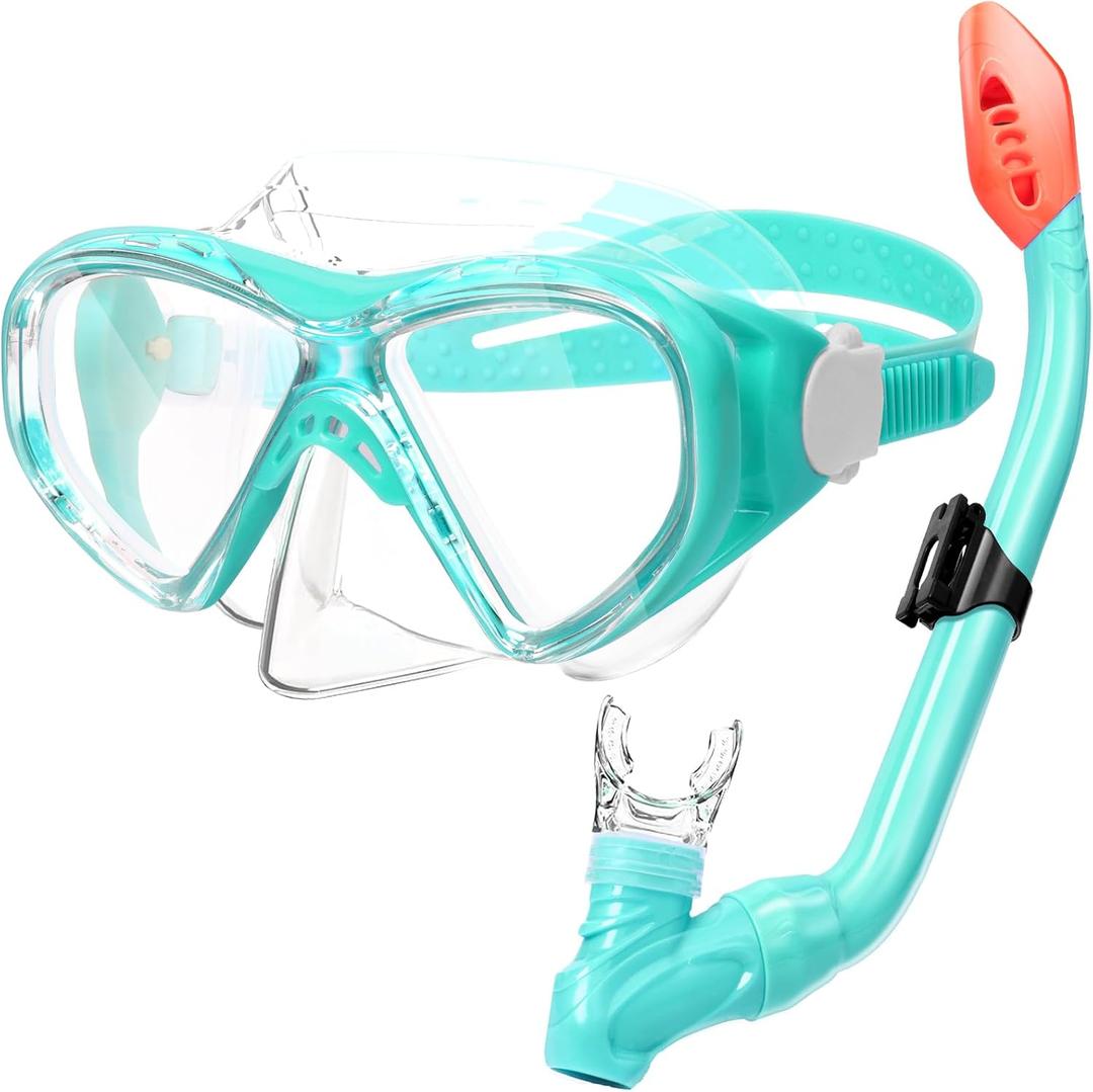 Kids Snorkel Set Dry Top Snorkeling Gear for Kids Youth Boys Girls Junior Age 5-15,Tempered Glass Swimming Diving Mask and Snorkel Set 180 Degree Panoramic View (Light Green)