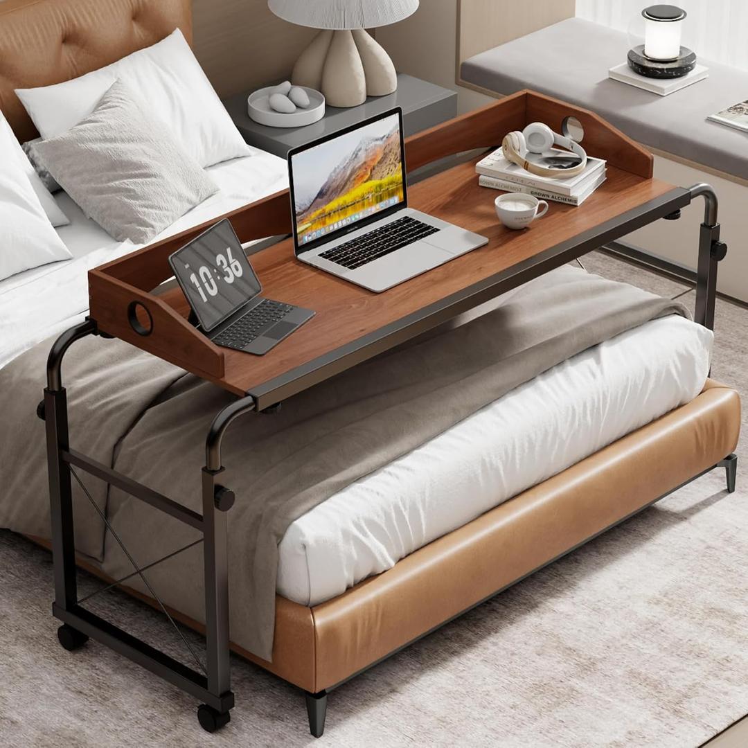 BYMECOST Laptop Desk for Bed, Adjustable Height & Length Laptop Bed Table,Overbed Table with Wheels for Queen Size Beds,Rolling Standing Desk,Over Bed Table for Working Reading Eating (Oaken)