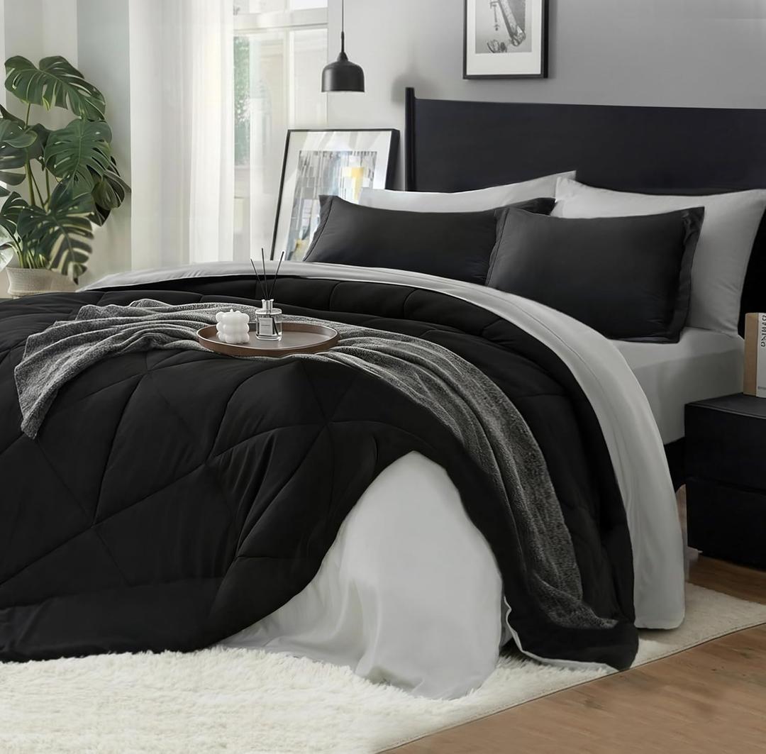 BEDELITE Twin XL Comforter Set 5 Pieces Bed in A Bag - Soft Microfiber Reversible Twin Extra Long Black Bed Set with Comforters, Sheets, Pillowcase & Sham, Cozy Bedding Sets for College Dorm Room