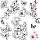 CRASPIRE Cherry Blossom Butterfly Clear Rubber Stamps Spring Flowers Floral Reusable Transparent Silicone Stamp Seals Vintage for Journaling Card Making Decor DIY Scrapbooking Supplies Film Frame