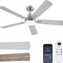 JSAITEE Ceiling Fans with Lights, 52 Inch Low Profile Modern Ceiling Fan with Light and Remote Control, DC Reversible Motor, Noiseless, 3CCT, Dimmable, Nickel 8 Speeds Ceiling Fan for Bedroom Living room