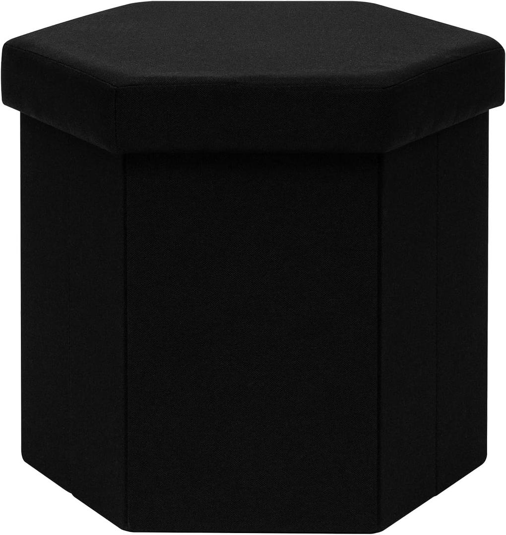 Hexagon Storage Ottoman, 15 Inch Foldable Footstool, Black, 15"D x 16.9"W x 15"H