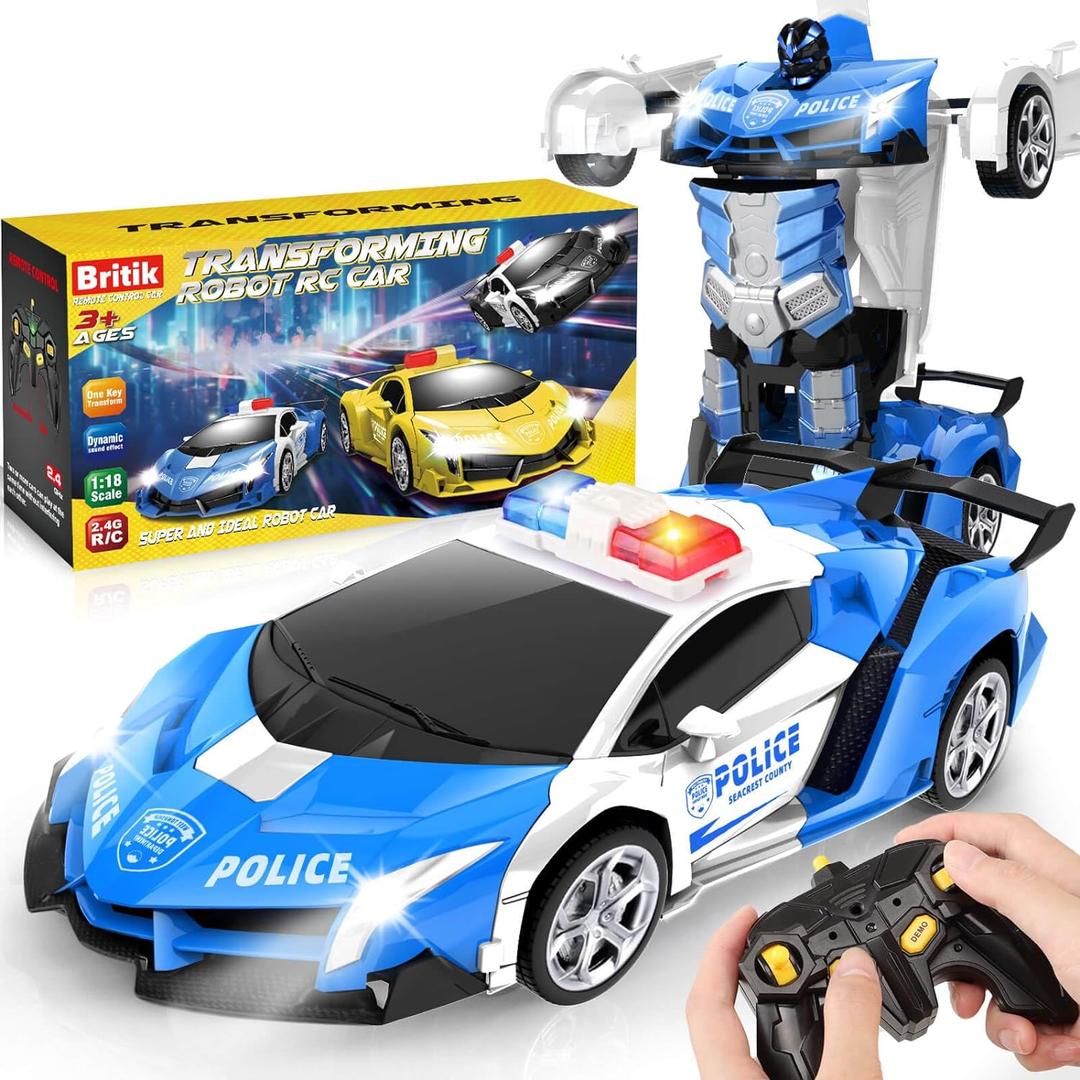 Transform Remote Control Car - Rc Cars, One-Button Transforming, 360 Rotation Drifting, 2.4ghz 1:18 Scale, Gift Kids Aged 4-6 Year Old Boys/Girls, Police Car Blue