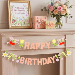 2 x 2-Pack Happy Birthday Flower Felt Garland, 8ft Pre-Strung Floral Birthday Banner with Cherries & Blossoms, Reusable Pink Bunting for Garden Party, Nursery, Cottagecore Girls Birthday Decor