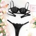 Lilosy Sexy Eyelash Underwire Floral Lace Sheer O Ring Linked Cutout Lingerie Set 2 Piece (Black)