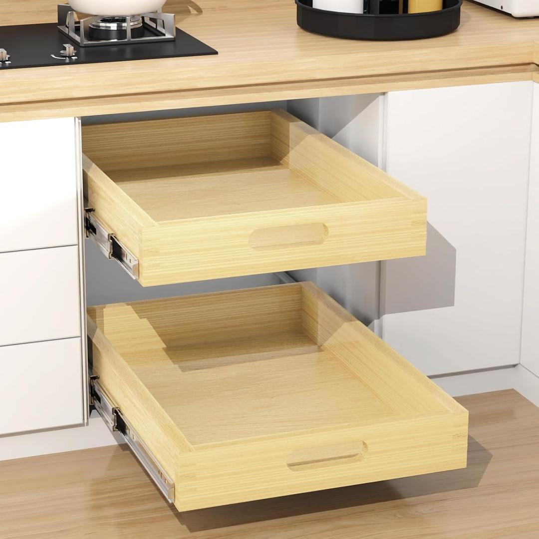 Pull Out Cabinet Organizer, Soft Close Wooden Drawer Storage Shelves for Kitchen, Durable Base Cabinet Solution for Pantry (18W*21D)