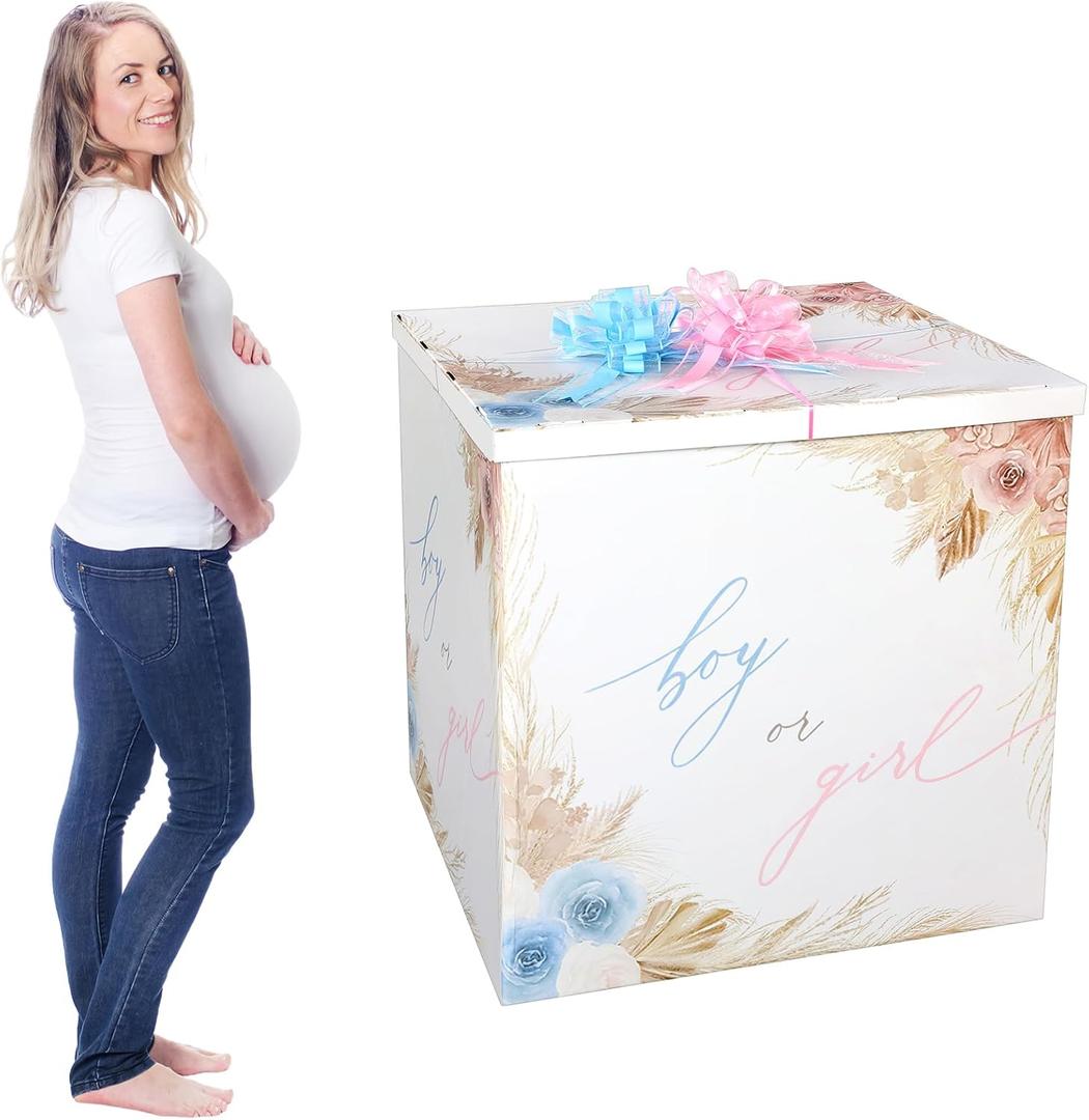 AmazingSpark 28in Jumbo Gender Reveal Gift Box Kit with Oversized Box Giant Pull Bows for Gender Reveal Baby Shower Birthday Party Decor(Boho Flower)