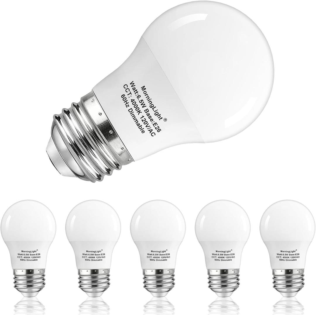 MorningLight 6 Pack A15 LED Bulbs Dimmable, 60Watt Equivalent, Neutral White 4000K, E26 Base, A15 Appliance Light Bulb 6.5W for Ceiling Fan Light Bulbs, Super Bright No Flicker, 600LM Bulb