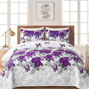 Yiran Purple Floral Quilt Set Queen Size Summer Botanical Bedspreads Bedding Set 3 Pieces Lightweight Rose Flowers Printed Coverlet with 2 Pillow Shams for All Season 96x90 Inch