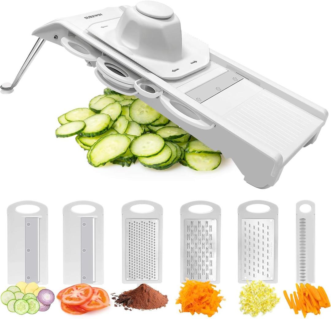 Mandoline Slicer Vegetable Chopper, Fruit Slicer, Cheese Grater & Potato Cutter with 6 Blades, Easy Kitchen Tool, White