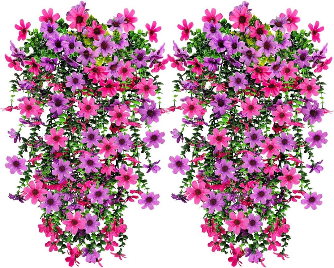4 Pcs Artificial Fake Hanging Flowers Plants for Outdoor Decoration, Faux Daisy with Eucalyptus Leaves Fade Resistant Long Trailing Vines for Front Door Porch Balcony Patio (Light Purple Pink)