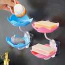 2 Pack Soap Dish Holder for Shower Bar Double Layer Cute Lotus Shape Adhesive Tray Sink Wall Mounted Shampoo NO-Drilling Self Draining Hanging Saver Rack Plastic Bathroom Bathtub Kitchen,Pink+Blue