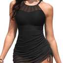 Womens Swim Dress One Piece - Swimsuit with Skirt Tummy Control Bathing Suit High Neck Mesh Swimwear 2025 (X-Large, Black)