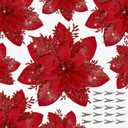 15 PCS Poinsettia Flower Artificial Poinsettia with Clips Christmas Decor Glitter Poinsettia Christmas Ornaments Christmas Tree Flower Decorations with Stems DIY Xmas Wreath Holiday Home Party Decor (Red + Red)