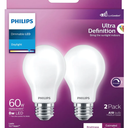 PHILIPS ULTRA DEFINITION 60W EQUIVALENT DAYLIGHT A19 MEDIUM LED LIGHT BULB, FROSTED, Pack of 2