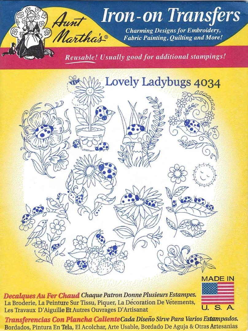 Lovely Ladybugs Aunt Martha's Hot Iron Embroidery Transfer