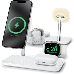 Wireless Charging Station for iPhone 16/15/14/13/12 Series, 4 in 1 Mag-Safe Charging Stand for Multiple Apple Watch Series 10-1/Ultra/SE&Airpods 4/3/2/Pro, Magnetic Wireless Charger with Night-Lamp (White)