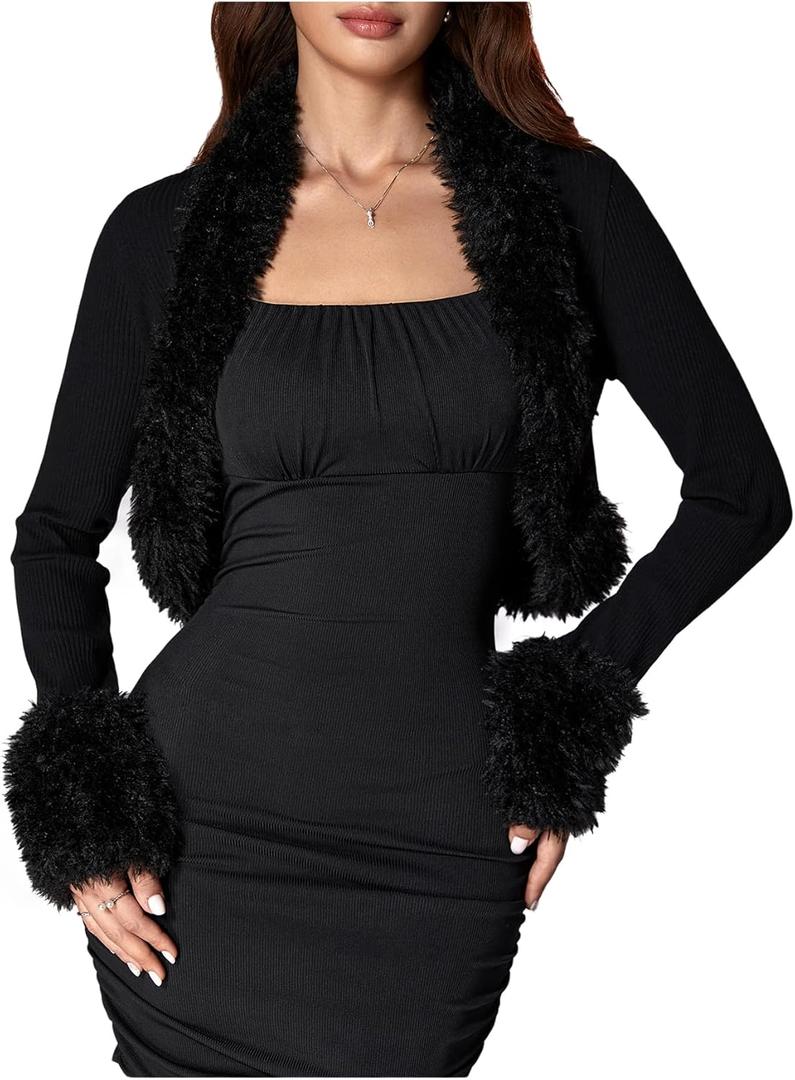 MakeMeChic Women's Faux Fur Open Front Coat Valentines Fuzzy Long Sleeve Crop Jacket Outerwear, Size Small (Black)