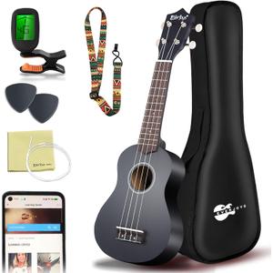 Everjoys Soprano Ukulele Beginner Pack-21 Inch w/Free Online Lesson Gig Bag Digital Tuner Pick Polishing Cloth All in One Kit (Black)