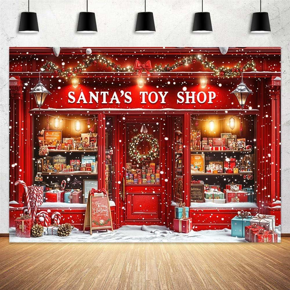 Wathon Red Christmas Backdrop for Photography Santa's Toy Shop Candy Cane in Snowy Scene Photo Backdrop Christmas Holiday Xmas Party Decorations Photo Background Booth Video Studio Props 7X5FT