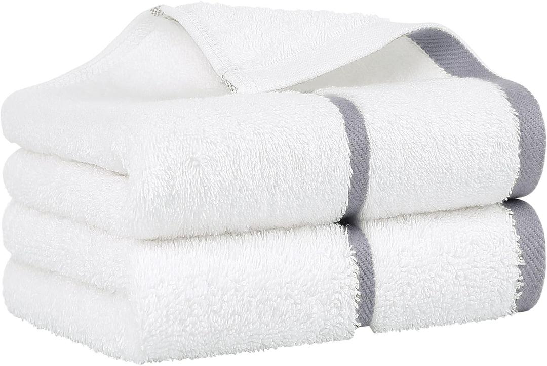 PiccoCasa Set of 2, 750 GSM Luxury White Hand Towels - Oversized 16x30 Inch Cotton Ring Spun Face Towels Highly Absorbent Home Hotel Spa Quality Towel, Gray Strip