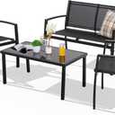 Shintenchi 4 Pieces Patio Furniture Set All Weather Textile Fabric Outdoor Conversation Set, with Glass Coffee Table, Loveseat, 2 Single Chairs for Home, Garden, Lawn, PorchBlack