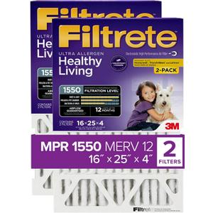 Filtrete 16x25x4, AC Furnace Air Filter, MPR 1550 DP, Healthy Living Ultra Allergen Deep Pleat, 2-Pack (actual dimensions 15.88 x 24.56 x 4.31)