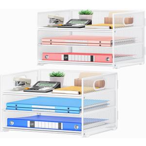 Subekyu 2-Pack 3-Tier White Metal Mesh Desk Paper Letter Tray & File Sorter Organizer with Handle + 1 Sliding Tray for Desk, Home, Office, School Supplies, A4 Paper and Accessories Storage (12.6" x 9.1" x 8.1")