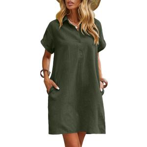 Zeagoo Womens Cotton Shirt Dress Summer Casual Short Sleeve Button Down Beach Cover Up Shirts with Pockets (Medium, Army Green)