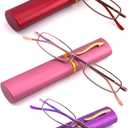 3 Pack Slim Pocket Reading Glasses for Men Women Blue Light Blocking Compact Readers Spring Hinge Metal Frame (Red Pink Purple)