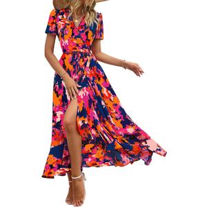 PRETTYGARDEN Women's Boho Floral Maxi Dress Summer Short Sleeve Wrap V Neck Long Flowy Beach Vacation Wedding Guest Dresses, M