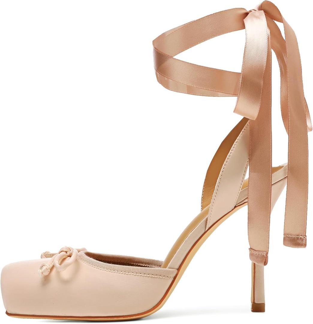 Satin Ballet Heels for Women Closed Square Toe Bow Ballerina Heels Lace Up High Heel Slingback Pumps Strappy Stiletto Mary Janes Elegant Party Shoes (6, Pink)