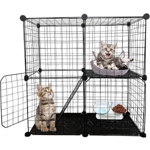 DIY Cat Cage,Pet Playpen Indoor, Detachable Metal Wire Small Animal Cages, 2-Tier Crate Large Exercise Place, Kitten Enclosures with 2 Door, 29.5 x 15.3 x 28.7 Inch, Black