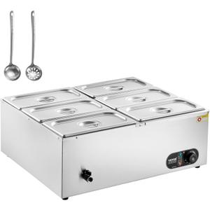 VEVOR 110V 6-Pan Commercial Food Warmer, 1200W Electric Steam Table 15cm/6inch Deep, Stainless Steel Buffet Bain Marie 48 Quart for Restaurants (Silver)