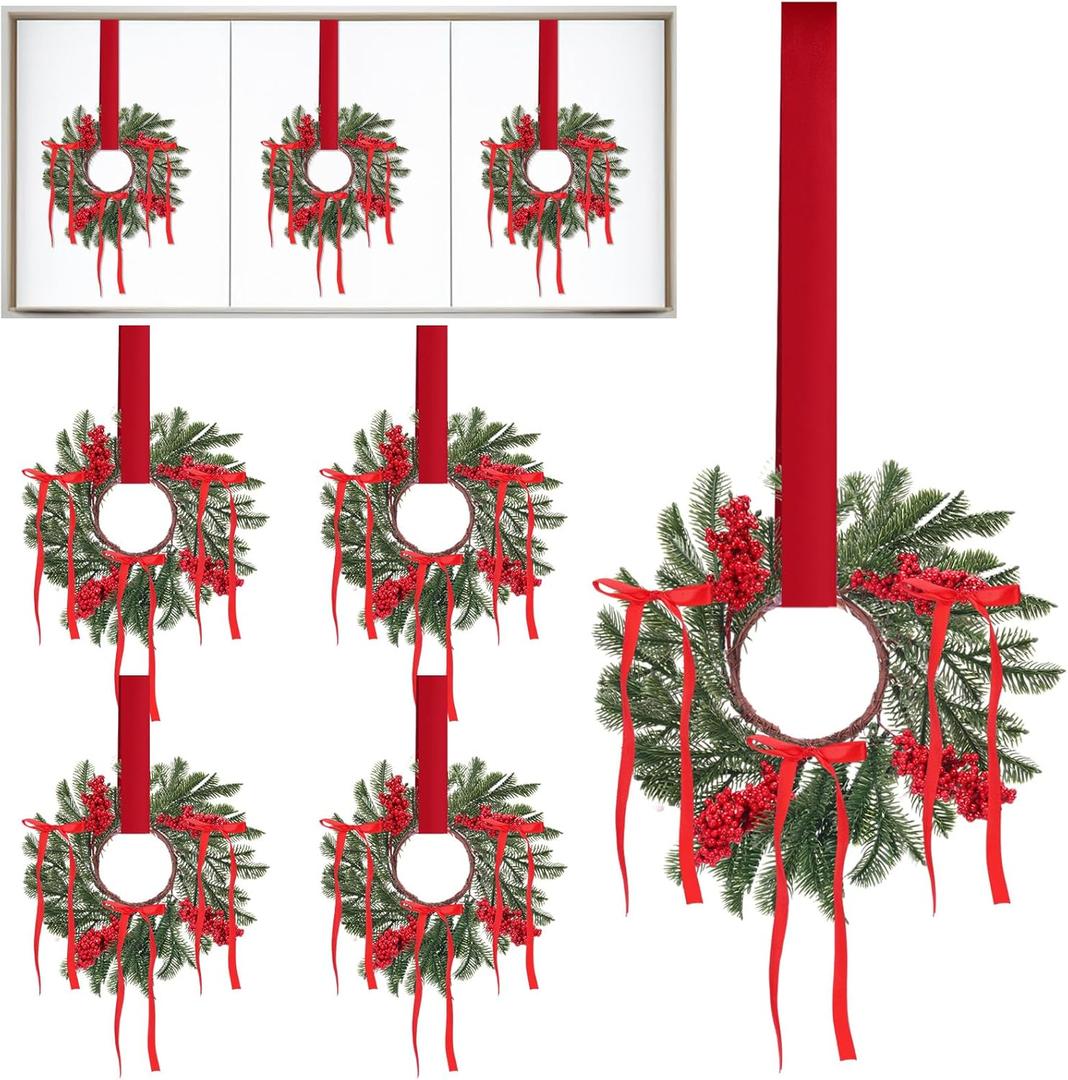 Lyrow 8 Pcs 8" Mini Christmas Kitchen Cabinet Wreaths with Ribbon Bow Artificial Leaves Berries Hanging Wreaths for Christmas Home Front Door Window Decorations(Sweet Style)