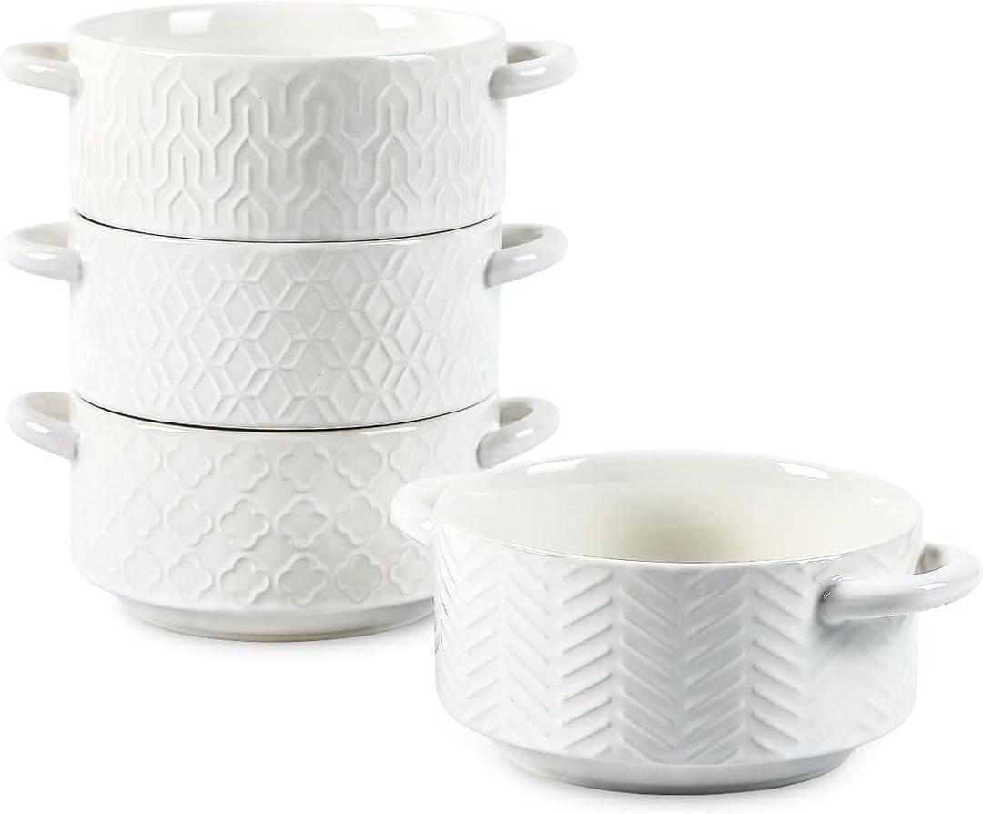 Sureasy 20 oz Soup Bowls with Handles, Ceramic French Onion Soup Bowls, Oven Safe Soup Crocks for Beef Stew, Chili, Cereal, Pot Pies, Embossed Serving Bowls Set of 4, Gift, White