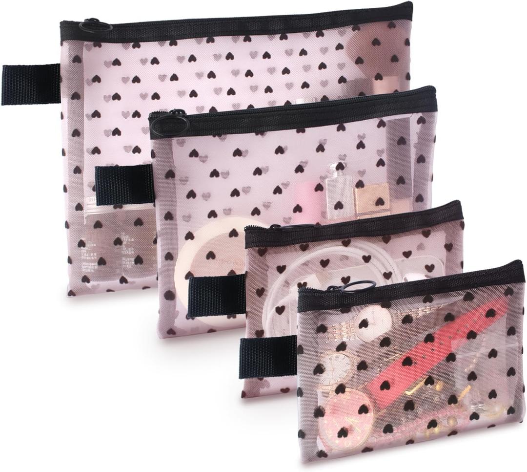 4-Piece Heart Printed Mesh Makeup Bag Set, Portable Travel Mesh Cosmetic Bags Toiletry Bags Makeup Purse Bags Mesh Zipper Storage Pouches for Home Offices Travel Accessories (Pink) (4PCS)