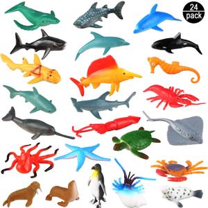 24-Pack Sea Ocean Animal Figures - Realistic Plastic Pool Party Toys Set with Turtle, Octopus, Shark - Children's Educational Birthday Gifts