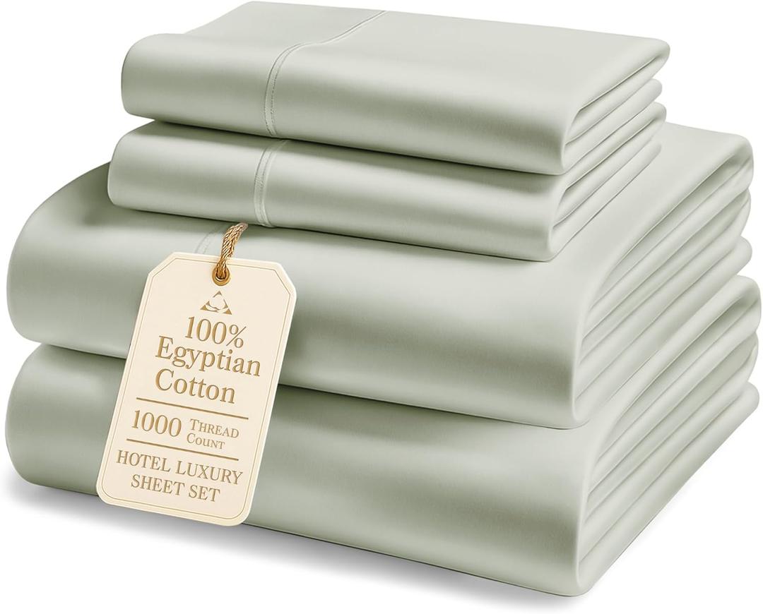 100% Egyptian Cotton Queen Bed Sheet Set 1000 Thread Count 4 Piece Queen Sheets Set, Breathable & Fade Resistant, Silky Sateen Weave, Ultra-Soft Hotel Luxury Bedding with 15" Deep Pocket - Mineral