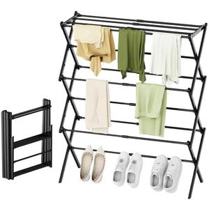 STARLATTA Foldable Drying Rack Clothing, 3-Tier Portable Clothes Drying Racks for Indoor & Outdoor, Anti-Rust Compact Laundry Rack Collapsible, Black 28" D x 10" W x 35" H
